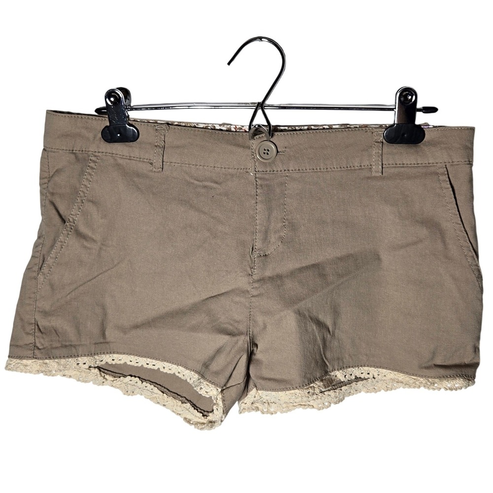 Ambiance Womens Khaki Twill Shorts Medium Boho Summer Crochet Lace Y2K Festival
